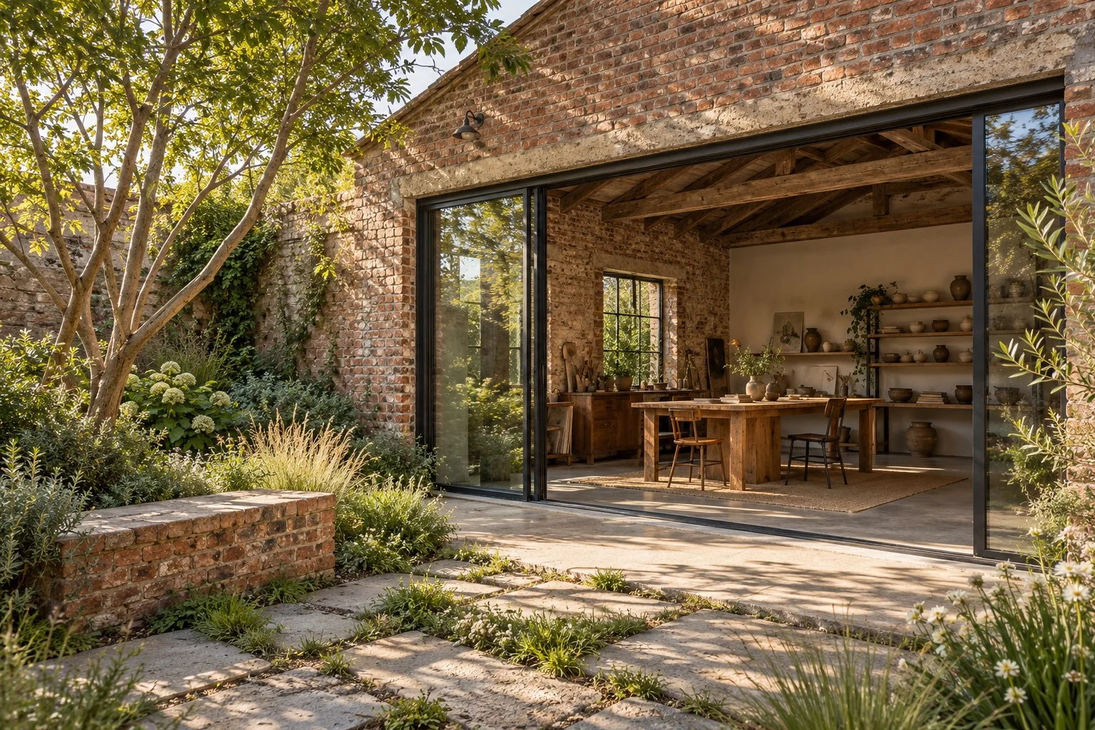 An old brick workshop reimagined as a warm creative studio opening to a planted courtyard