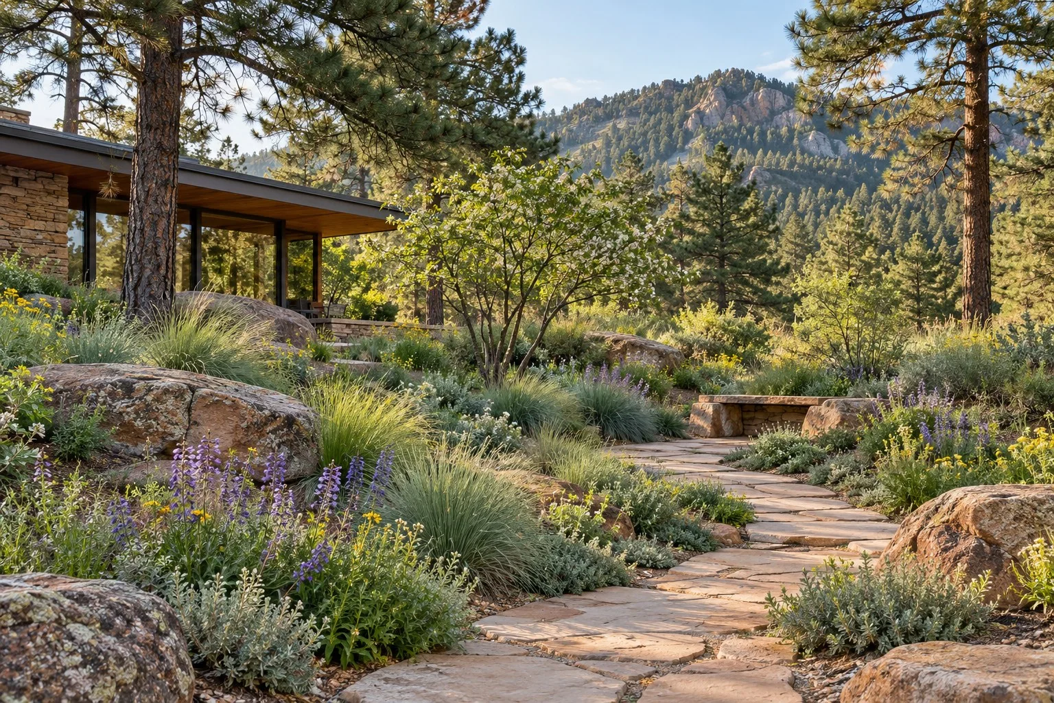 Colorado foothills landscape design rendering with layered grasses, flowering perennials, sandstone boulders, pine trees, and a curving stone path beside a mid-century home.