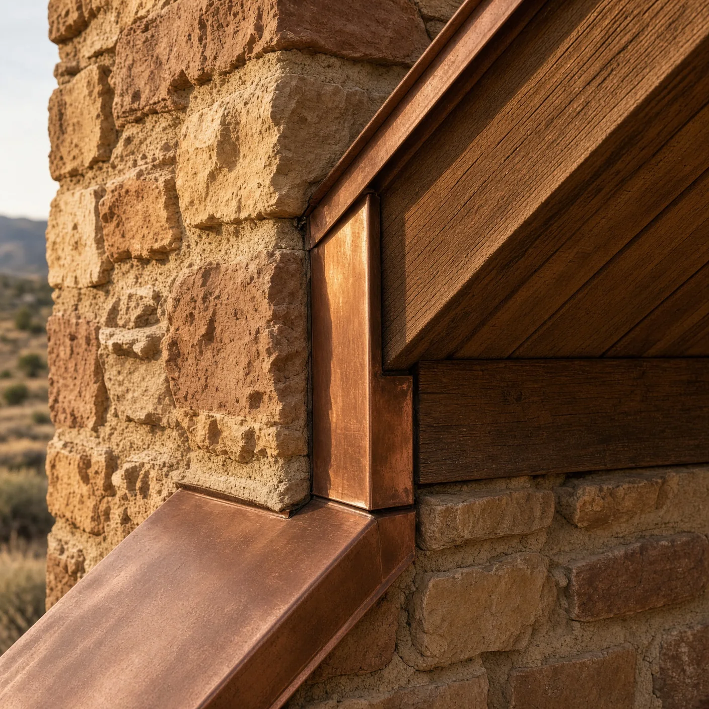 Copper flashing meeting desert masonry and a wood eave.