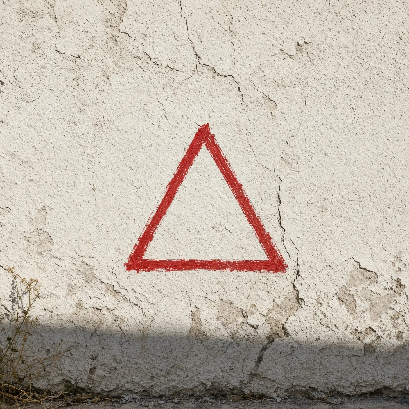 Cracked sun-bleached stucco with a hand-painted red triangle.