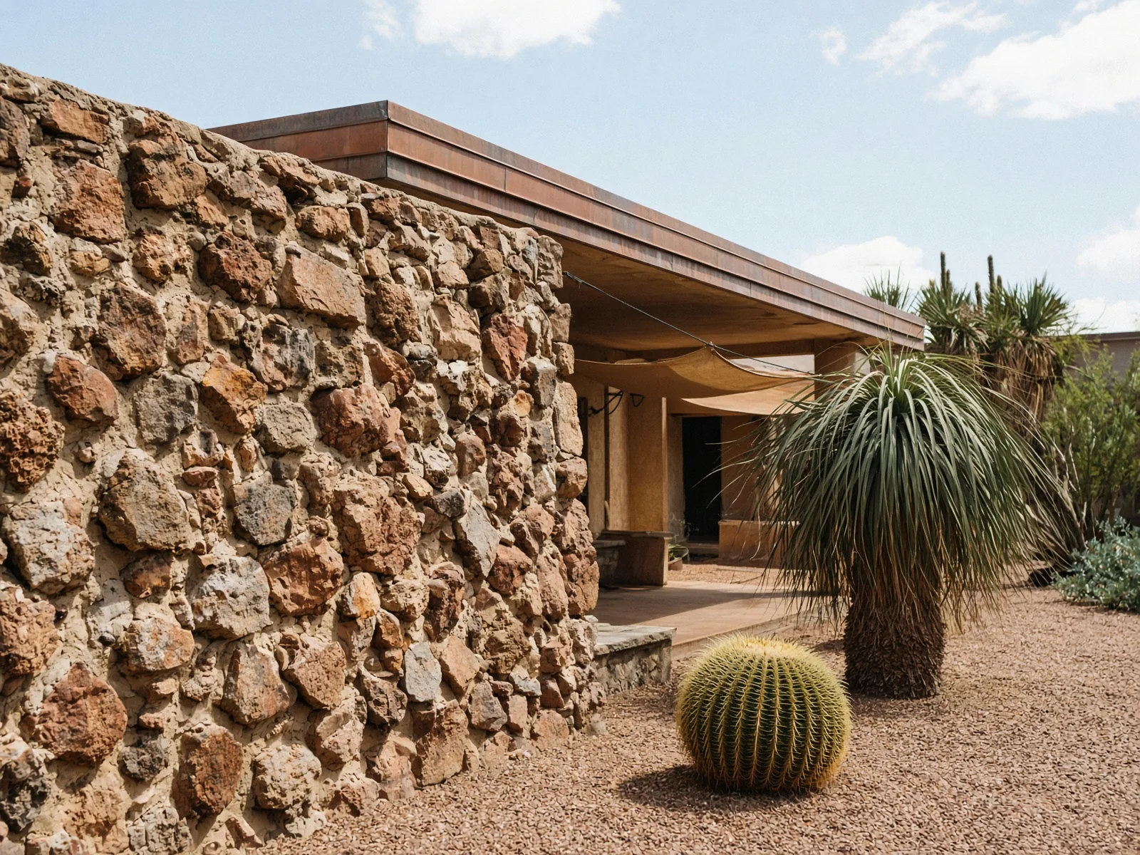 Desert masonry courtyard with a copper-edged roof and desert plants.
