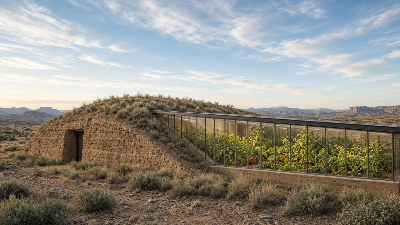 Earth-bermed greenhouse and rammed earth under a Colorado sky.