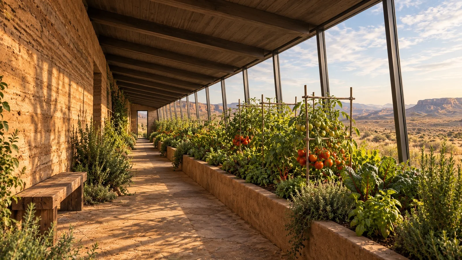 Design rendering inside an earth-sheltered greenhouse with a warm earthen wall, edible planting beds, glass facade, and views across high-desert mesas.