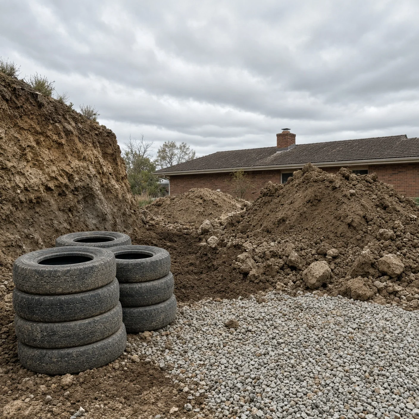 Mounds of earth and stacked tires at a Colorado site with a ranch roof beyond.