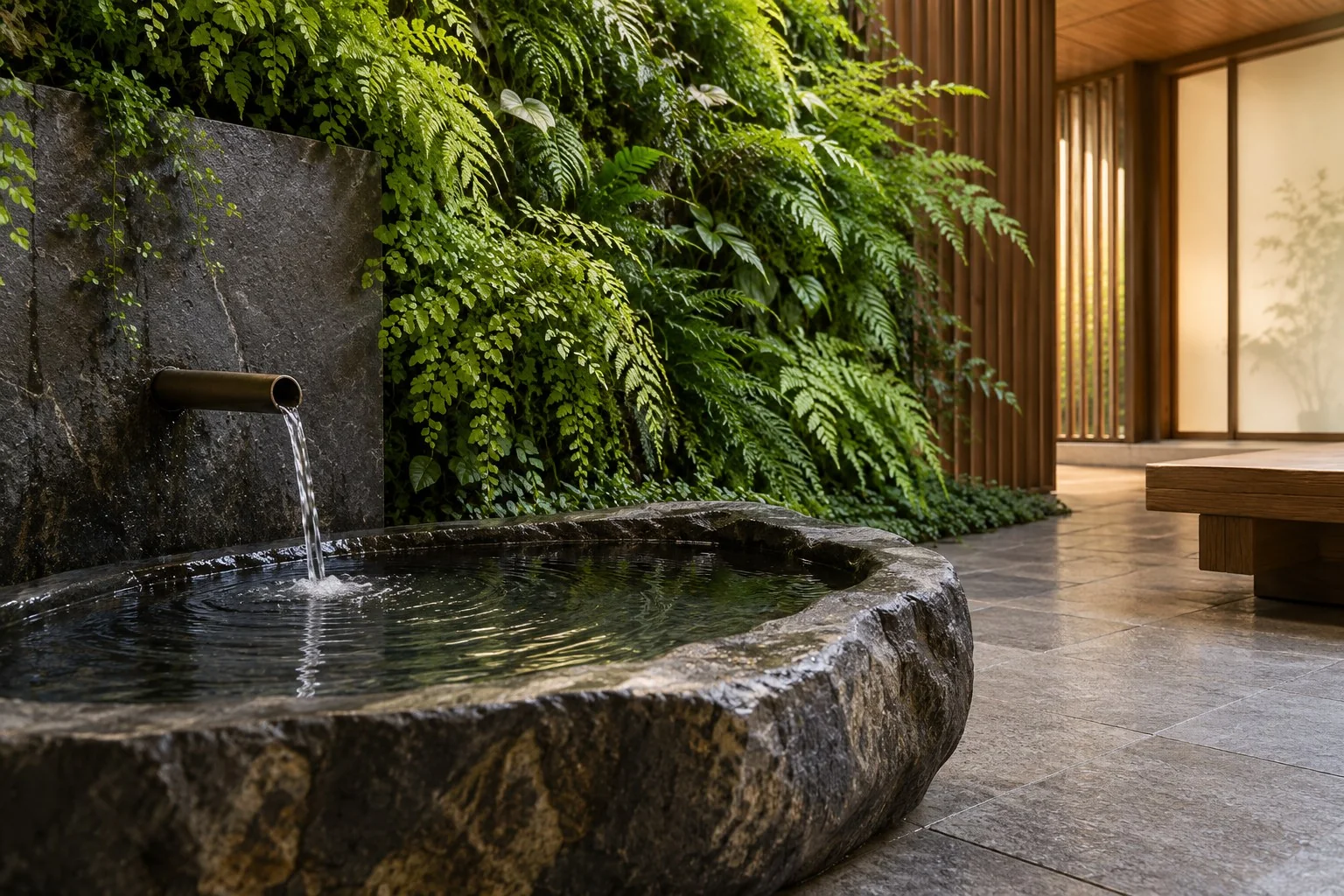 Indoor stone fountain with a bronze spout and rippling water beside a lush fern living wall, timber screens, and a low bench.