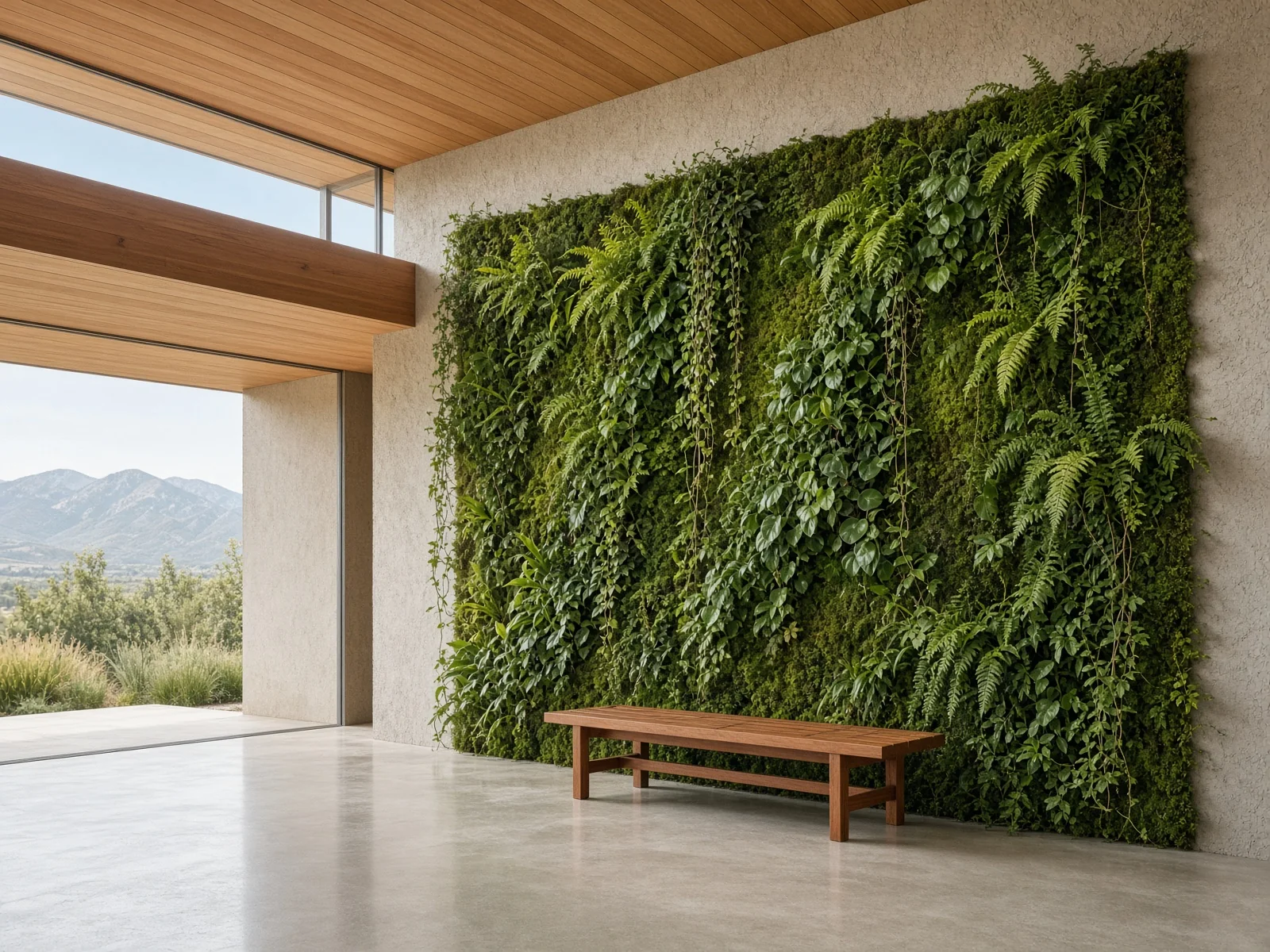 Interior living wall of moss and live plants in a modernist room with a fir ceiling.