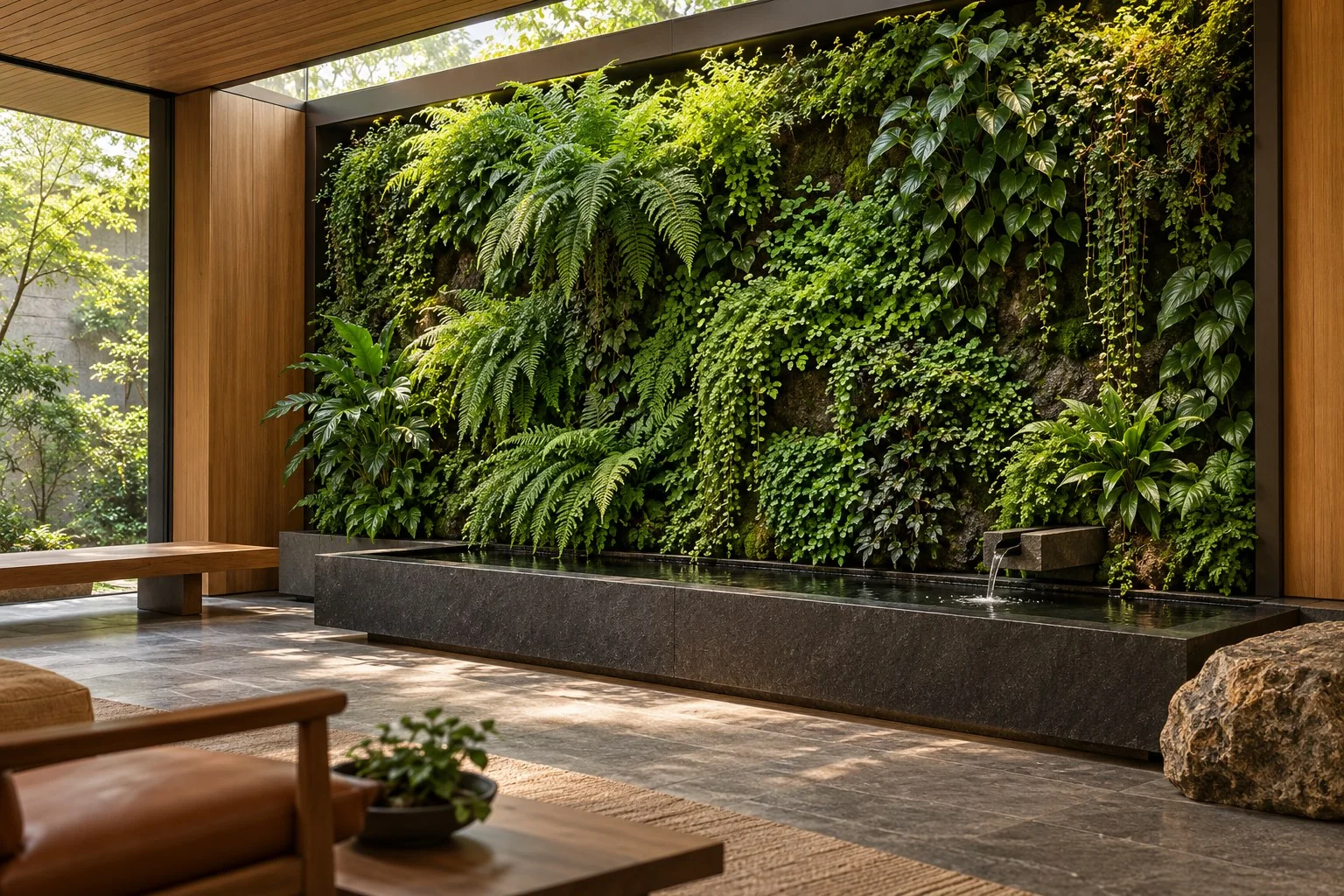 Japanese-inspired interior living wall with lush ferns and trailing plants above a dark stone fountain basin, framed by timber and clerestory daylight.