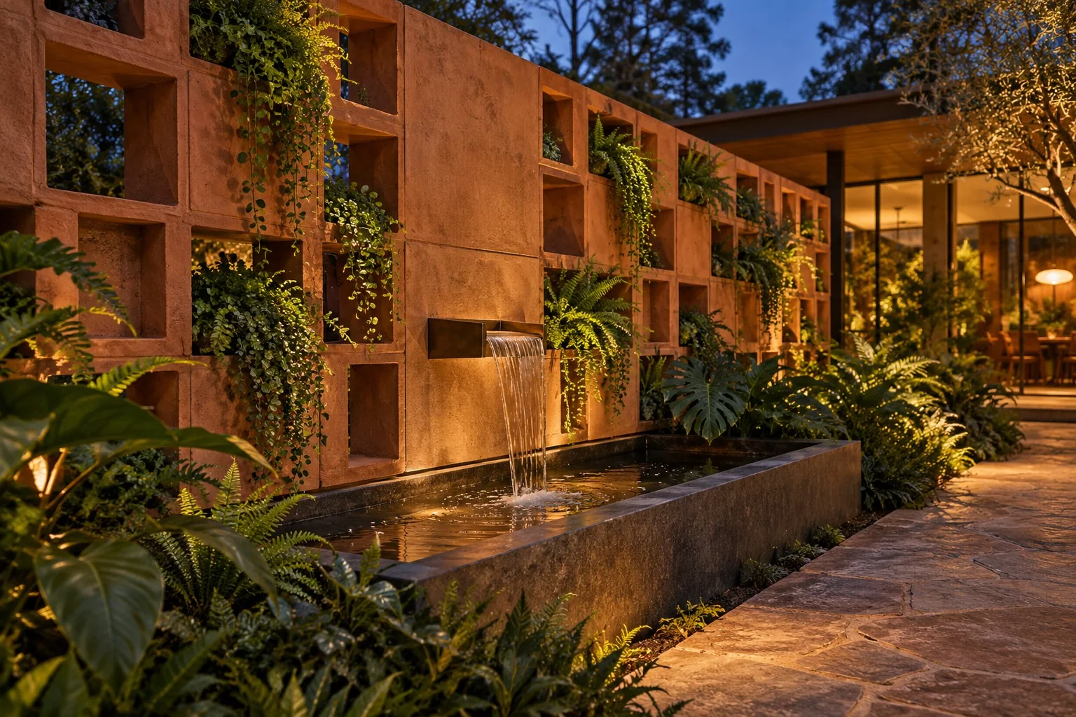 Lush plants growing in breeze-block pockets beside an illuminated outdoor fountain at dusk