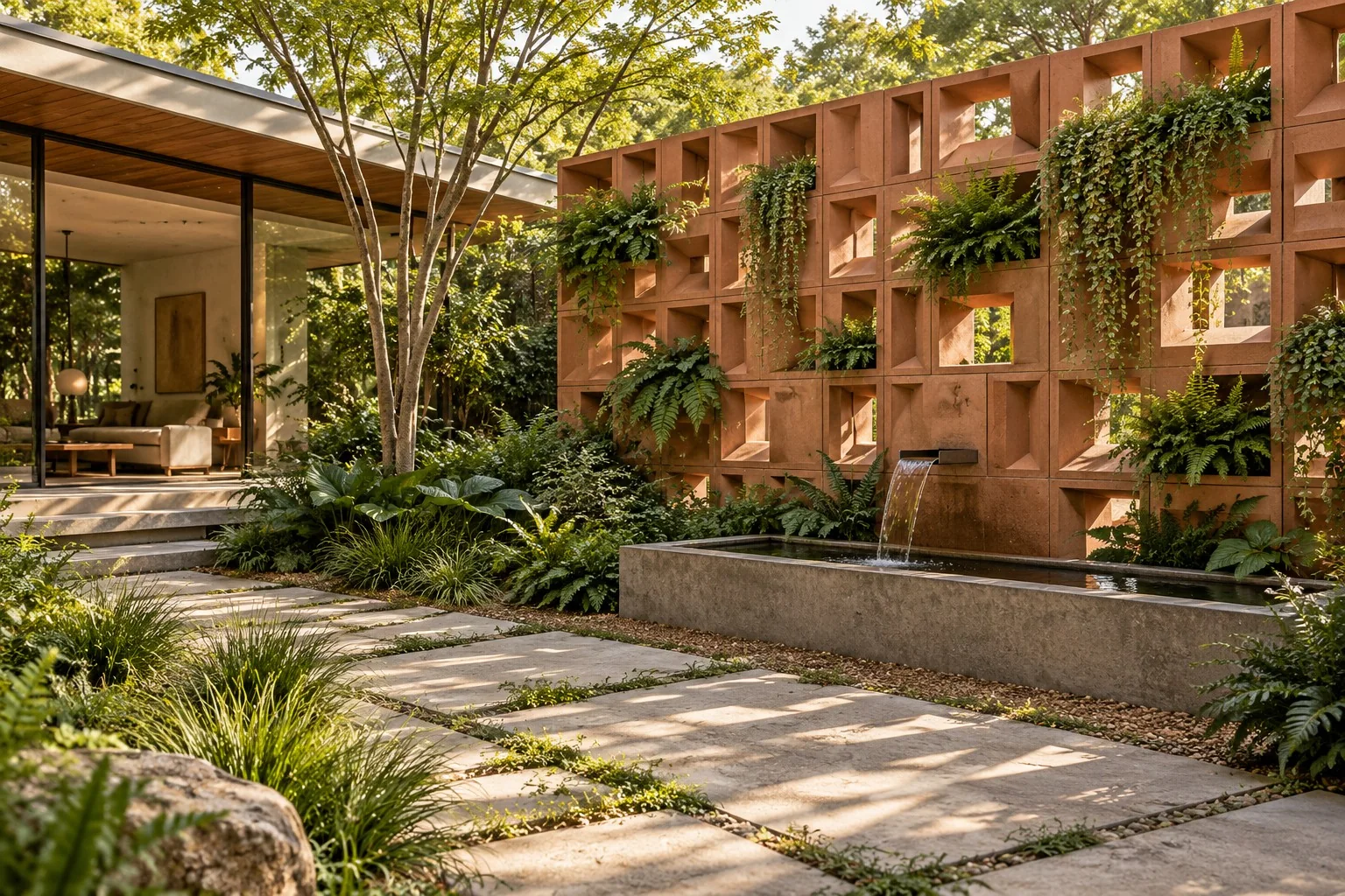 Sunlit mid-century courtyard with a planted terracotta breeze-block wall and linear fountain