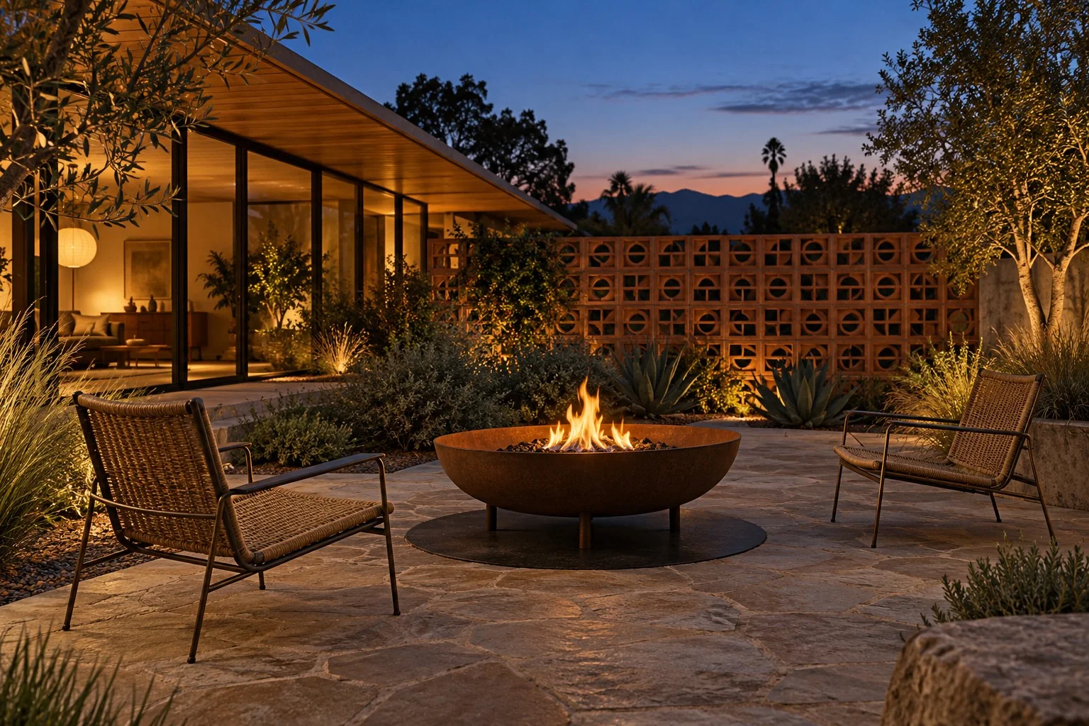 Sculptural weathered steel fire pit in a mid-century courtyard at dusk