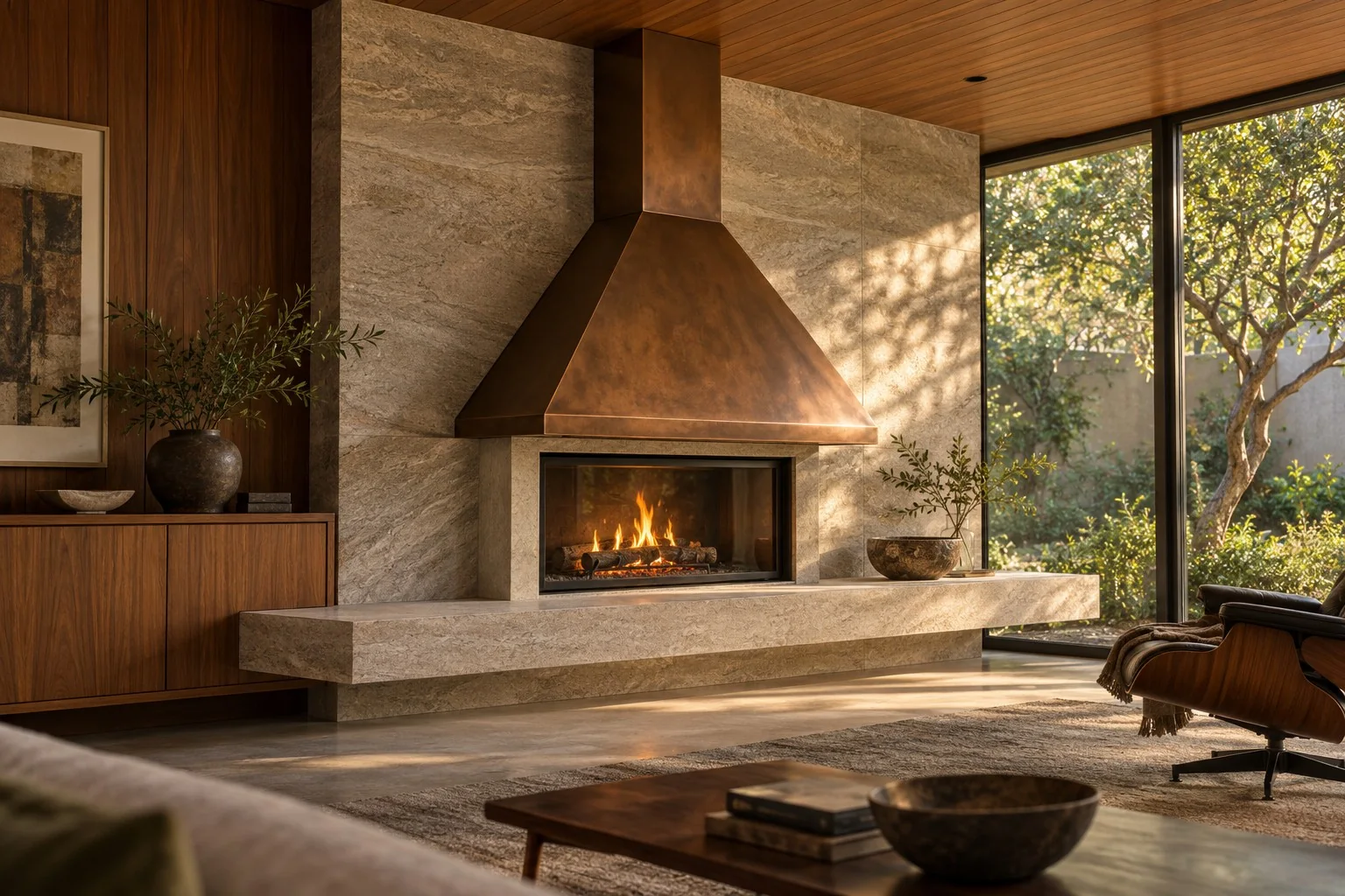 Custom mid-century-inspired bronze fireplace hood with a long stone hearth and walnut detailing