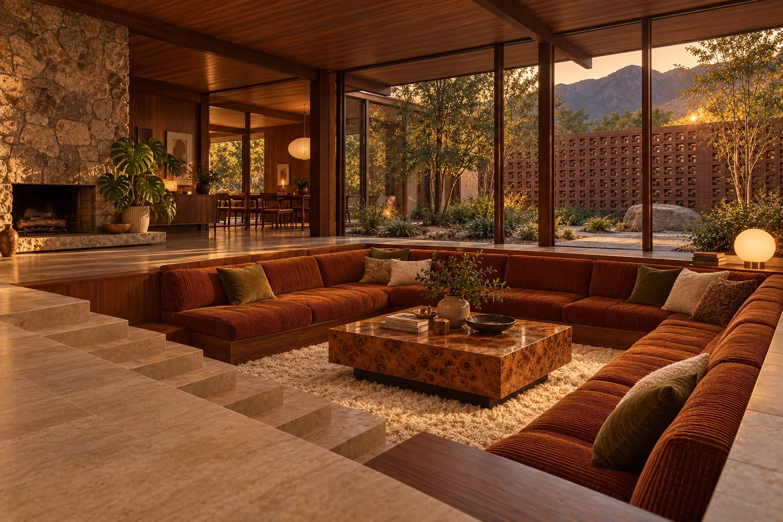 Mid-century modern conversation pit design rendering with rust corduroy seating, a fieldstone fireplace, burlwood coffee table, globe lamp, and a breeze block garden.