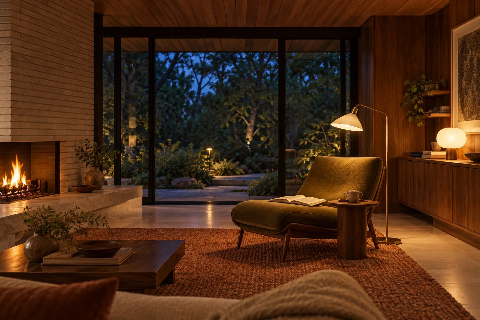 Mid-century reading corner at blue hour with an olive lounge chair, brass reading lamp, walnut cabinetry, brick fireplace, and views into a softly lit garden.