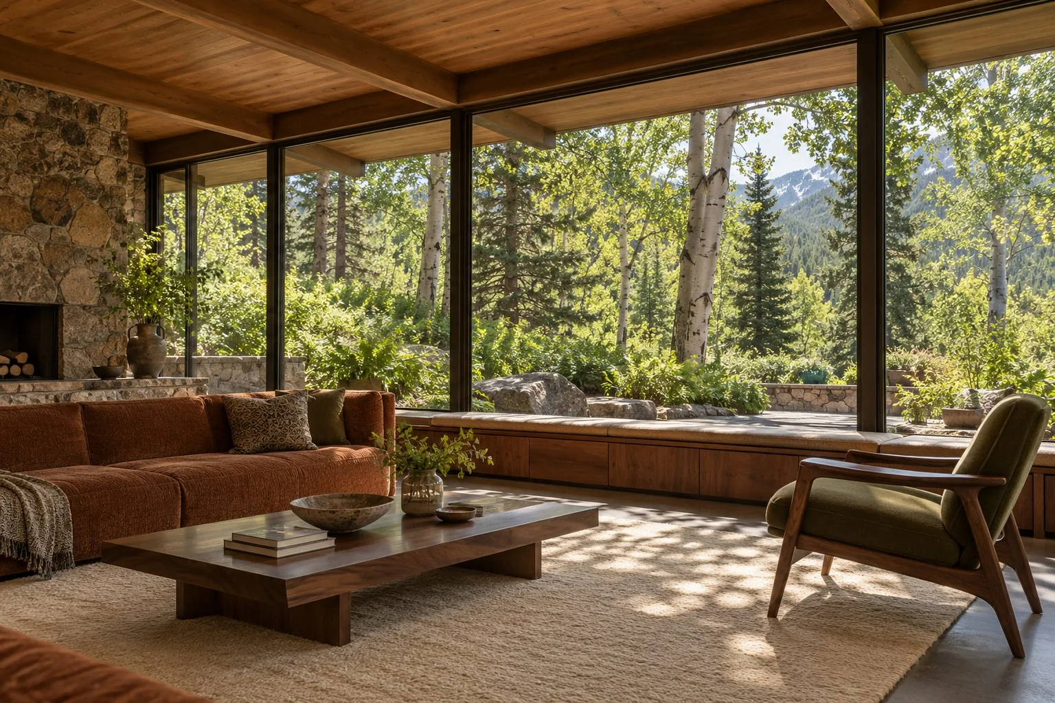Mid-century mountain interior design rendering with timber ceiling, stone hearth, rust seating, and broad windows overlooking aspens, pine trees, and a green garden.