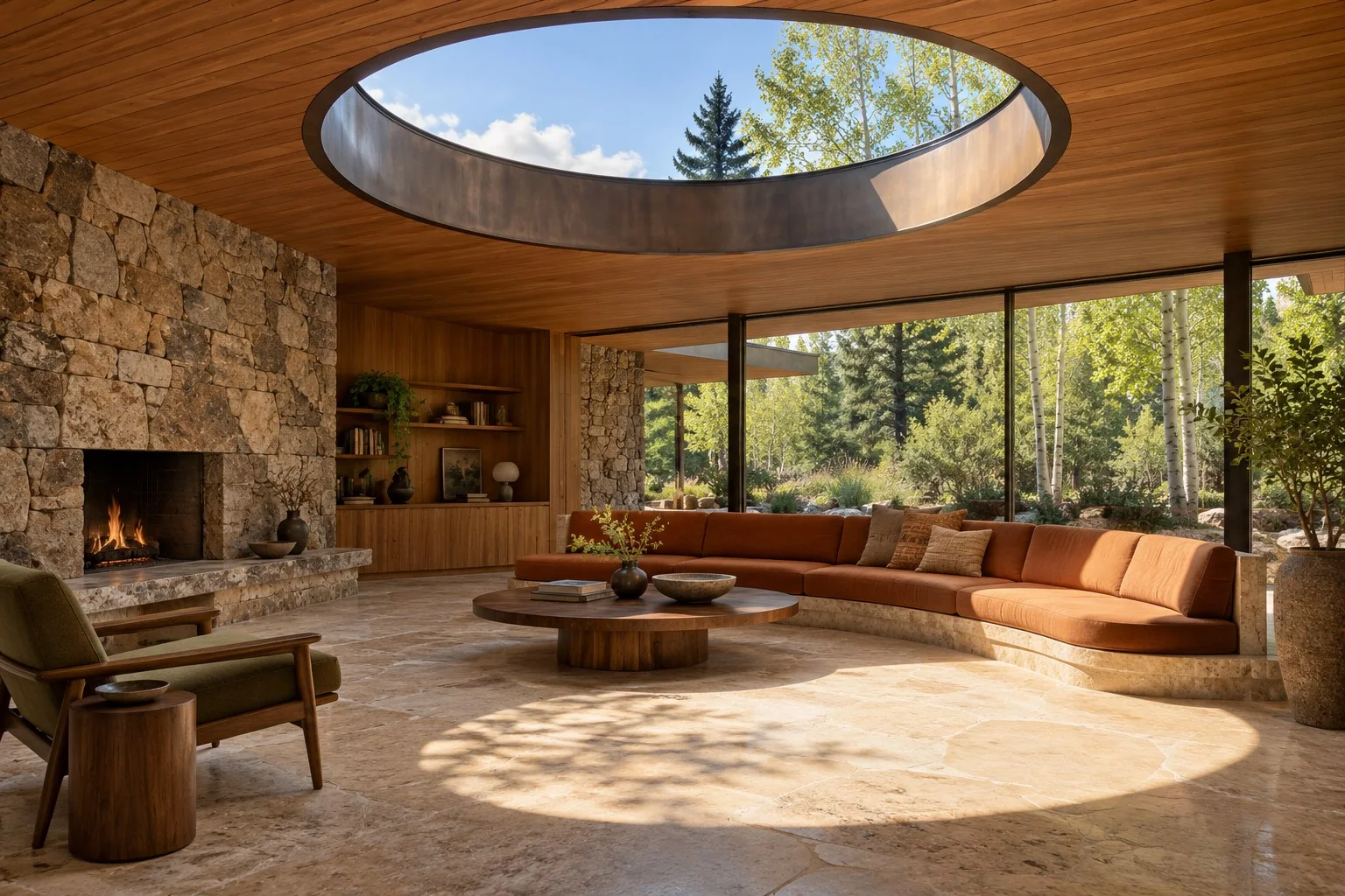 Mid-century modern oculus skylight rendering with a circular opening in a timber ceiling, sunlight across a stone floor, curved rust seating, and a leafy garden.