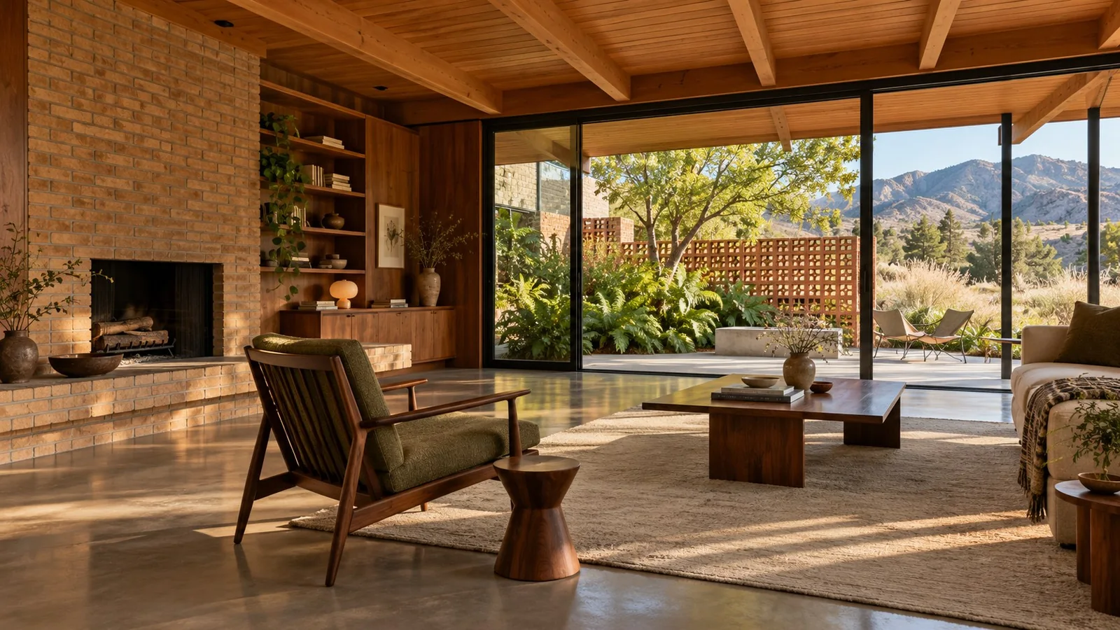 Mid-century living room design study with timber ceiling, walnut built-ins, a brick hearth, and glazing opening to a breeze block courtyard.
