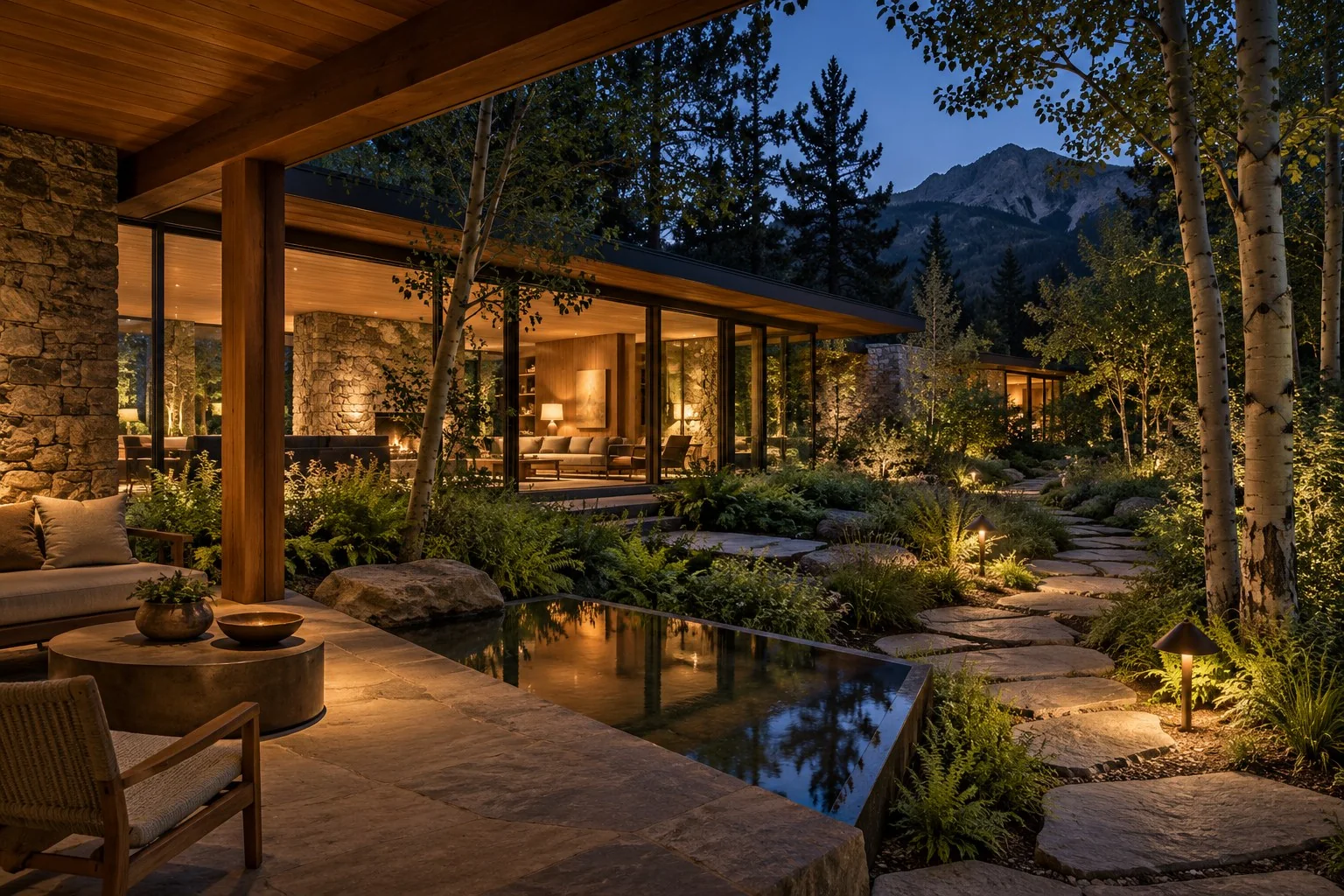 Mid-century home and sheltered terrace at twilight with a reflecting pool, shielded path lights, aspens, and a wooded mountain backdrop.