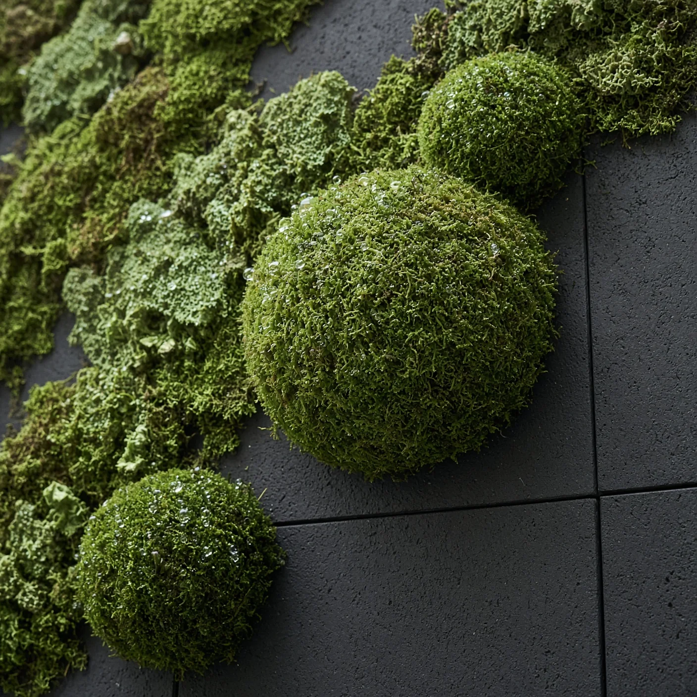 Close-up of preserved moss on a living-wall panel.