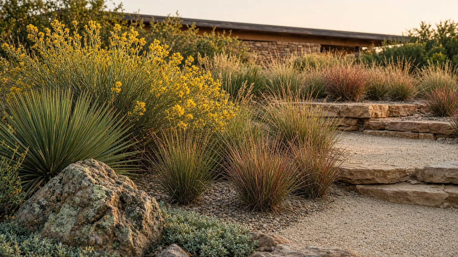 Native Colorado planting with yucca, grasses, boulders, and a long roof beyond.