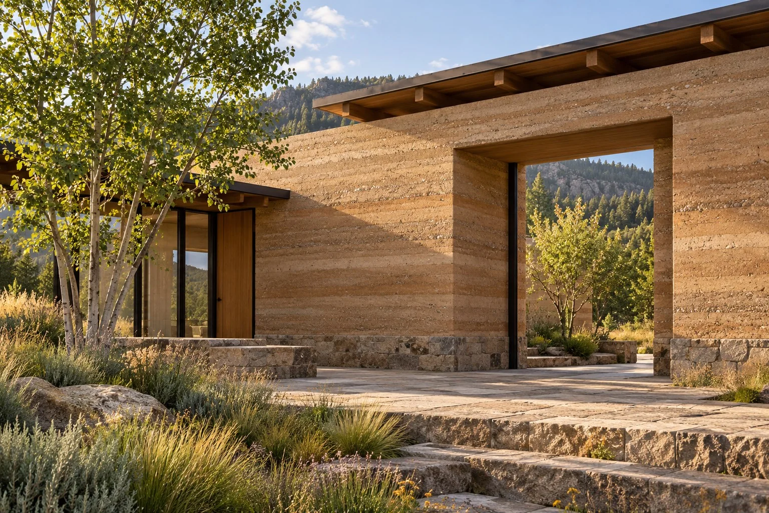 Rammed-earth courtyard design rendering with layered earthen walls, a deep rectangular portal, timber eaves, and a leafy foothill landscape.