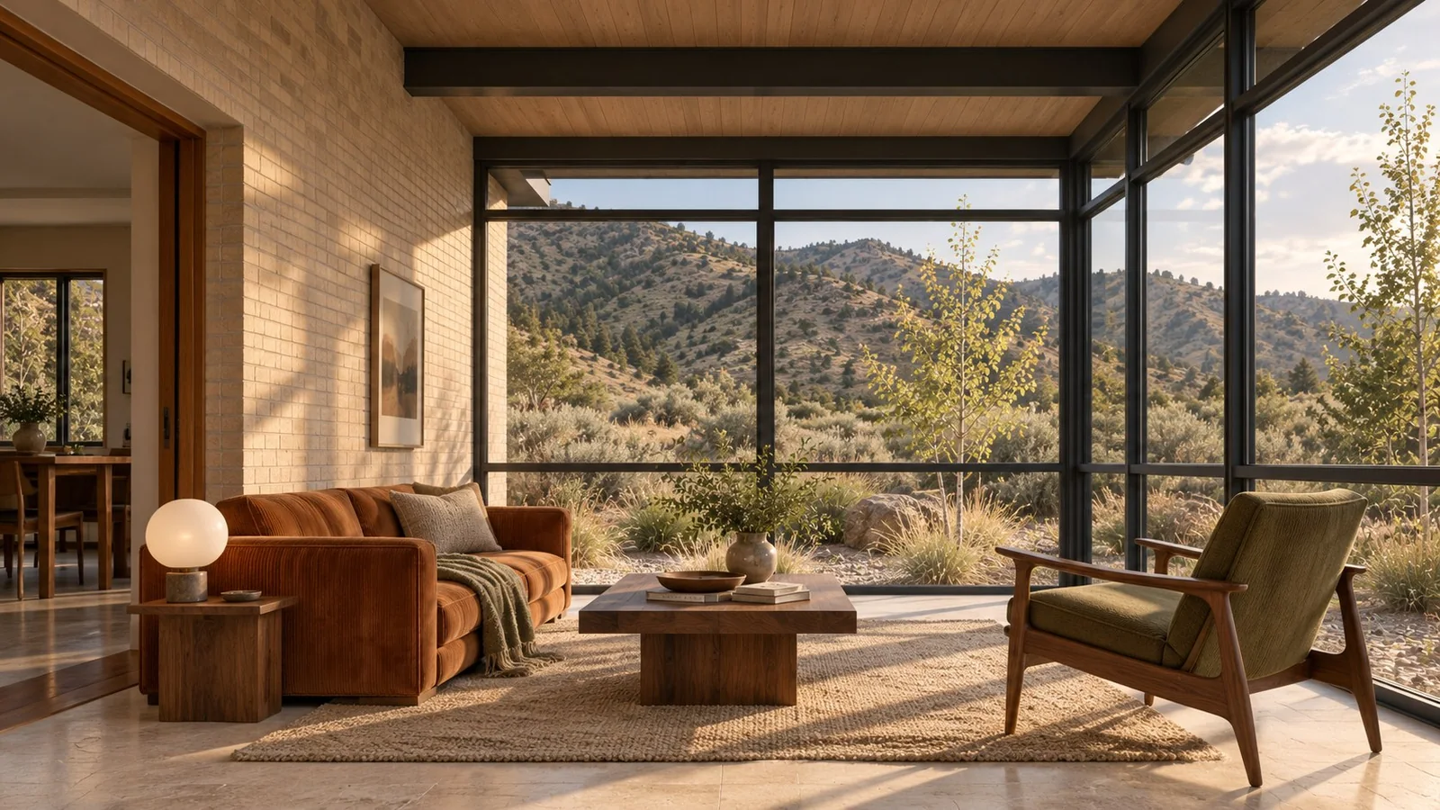 Garden room interior design rendering with original pale brick, timber ceiling, rust sofa, olive walnut chair, and glass walls overlooking a Colorado foothill garden.