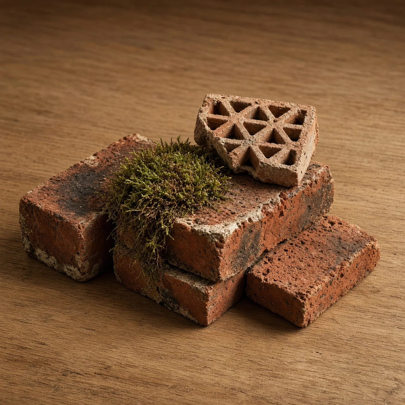 Stacked salvaged clinker brick with moss and a fragment of screen block.