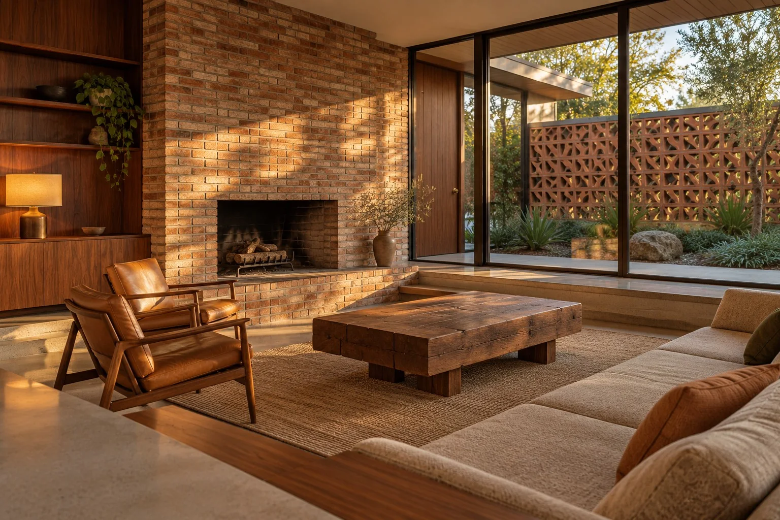 Mid-century living room with a restored brick fireplace, walnut cabinetry, vintage seating, and a reclaimed timber table