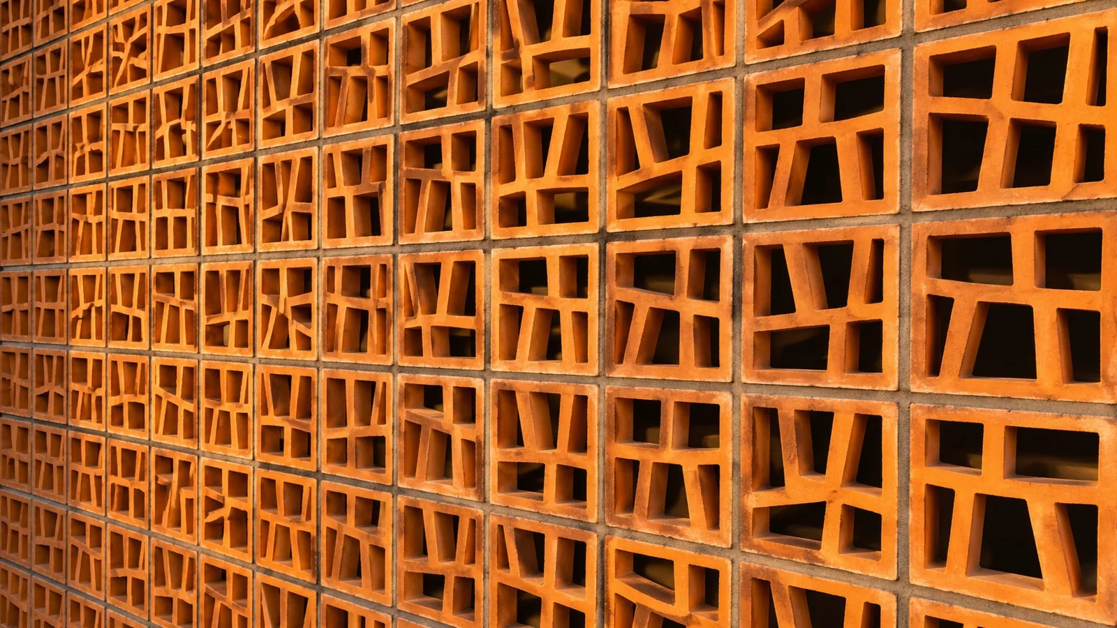 Warm terracotta breeze blocks with irregular geometric openings and deep shadows