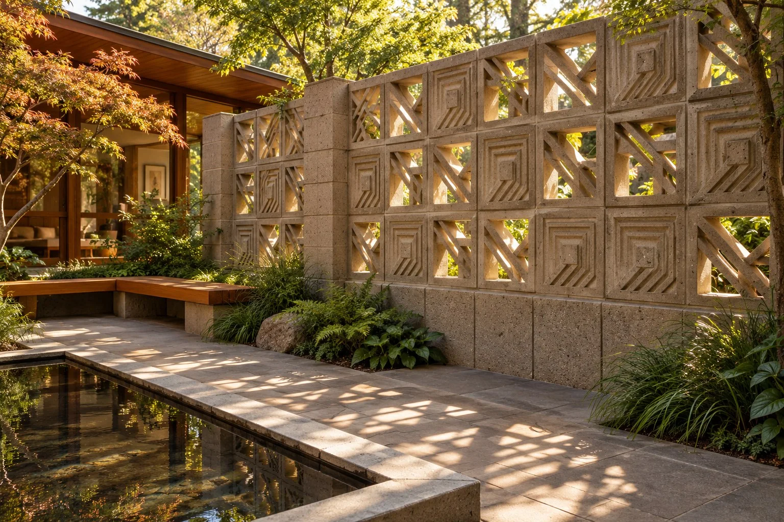 Original textile-block-inspired courtyard rendering with sculpted concrete relief, pierced geometric blocks, leafy planting, a timber bench, and reflecting water.