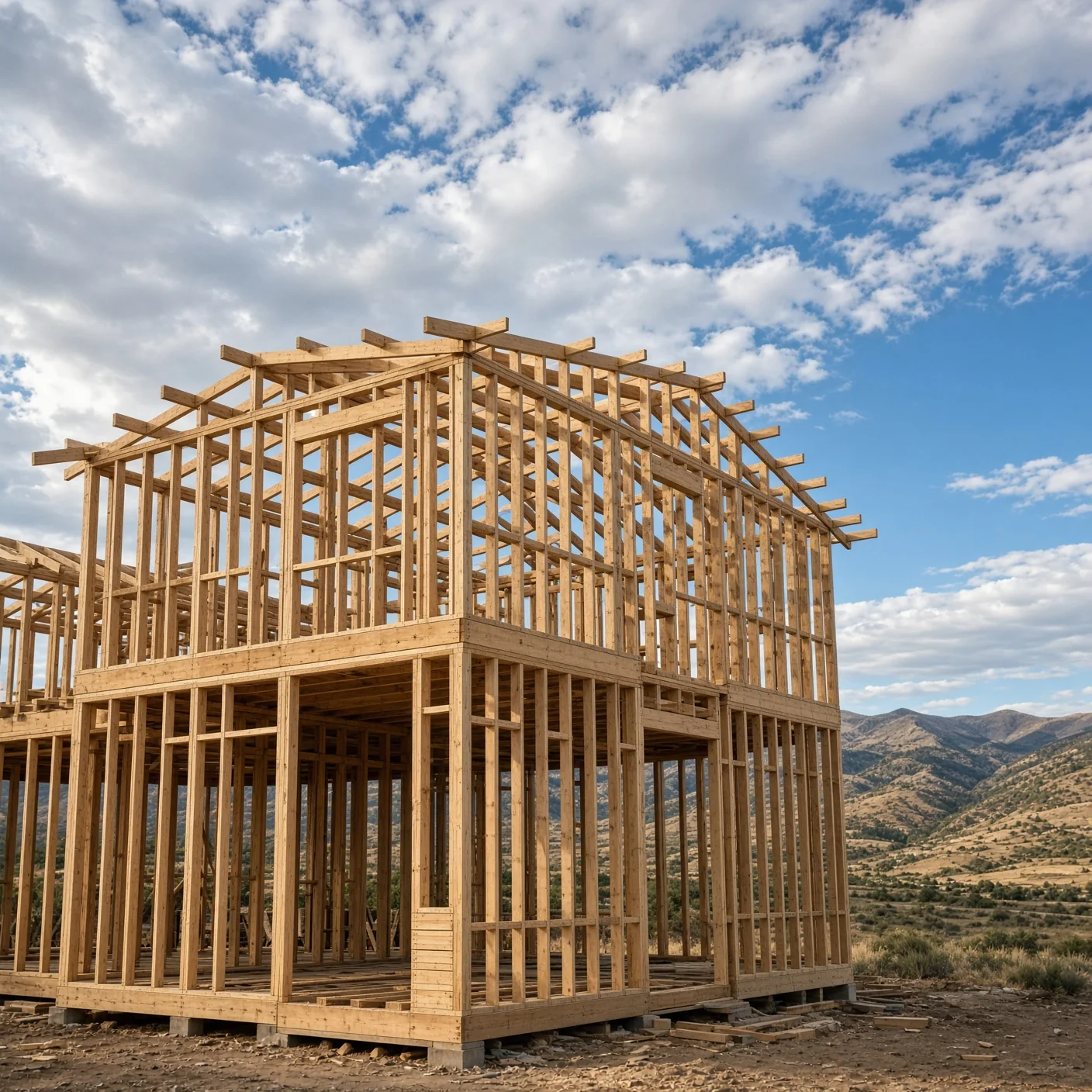 Wooden balloon-frame house under construction against a Colorado sky.