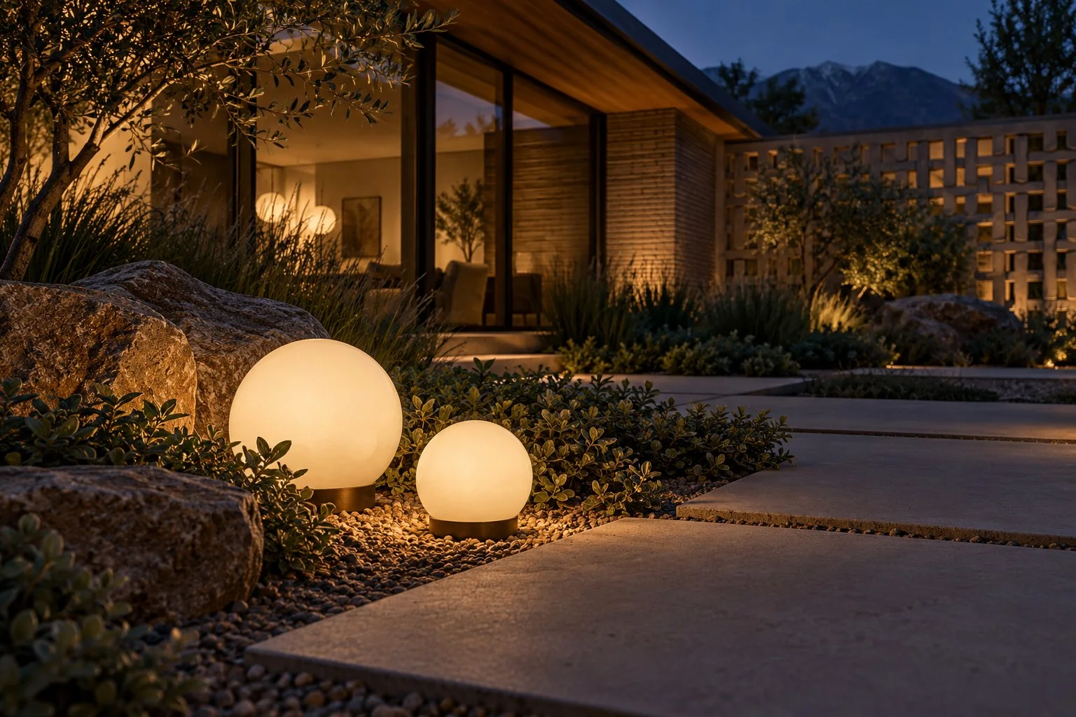 Design rendering of warm-white glass globe garden lights set beside boulders, planting, and a concrete path in a mid-century courtyard.